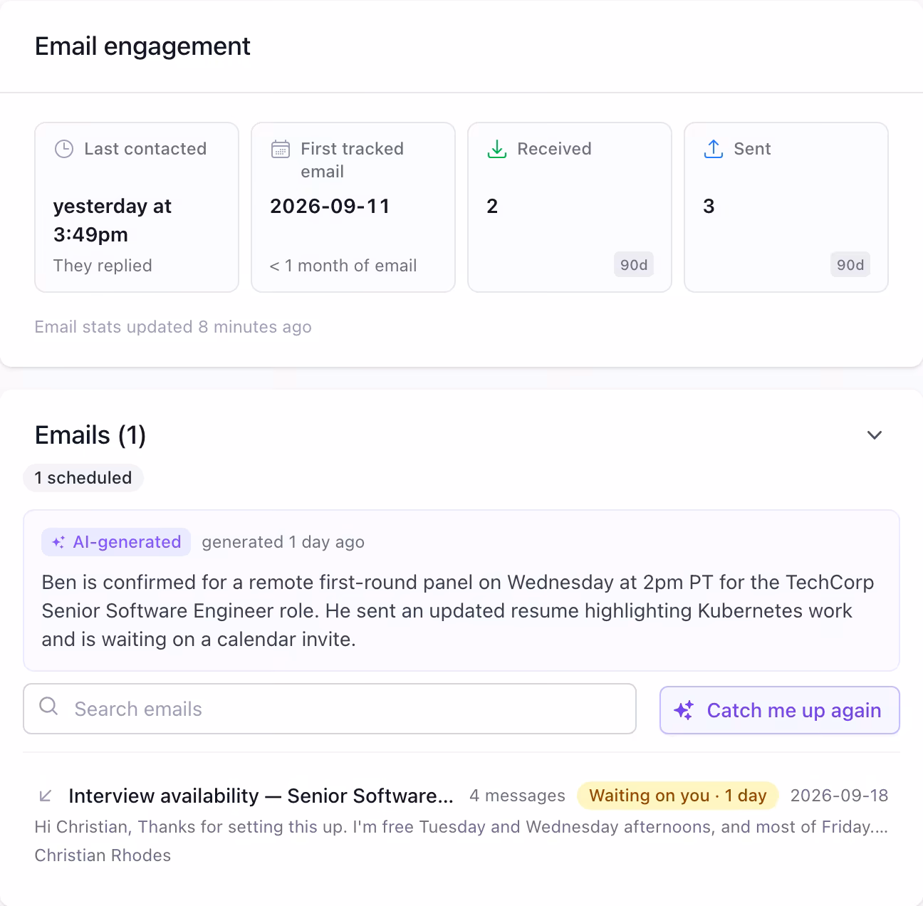 The Emails section on a candidate record, listing tracked conversations and reply status
