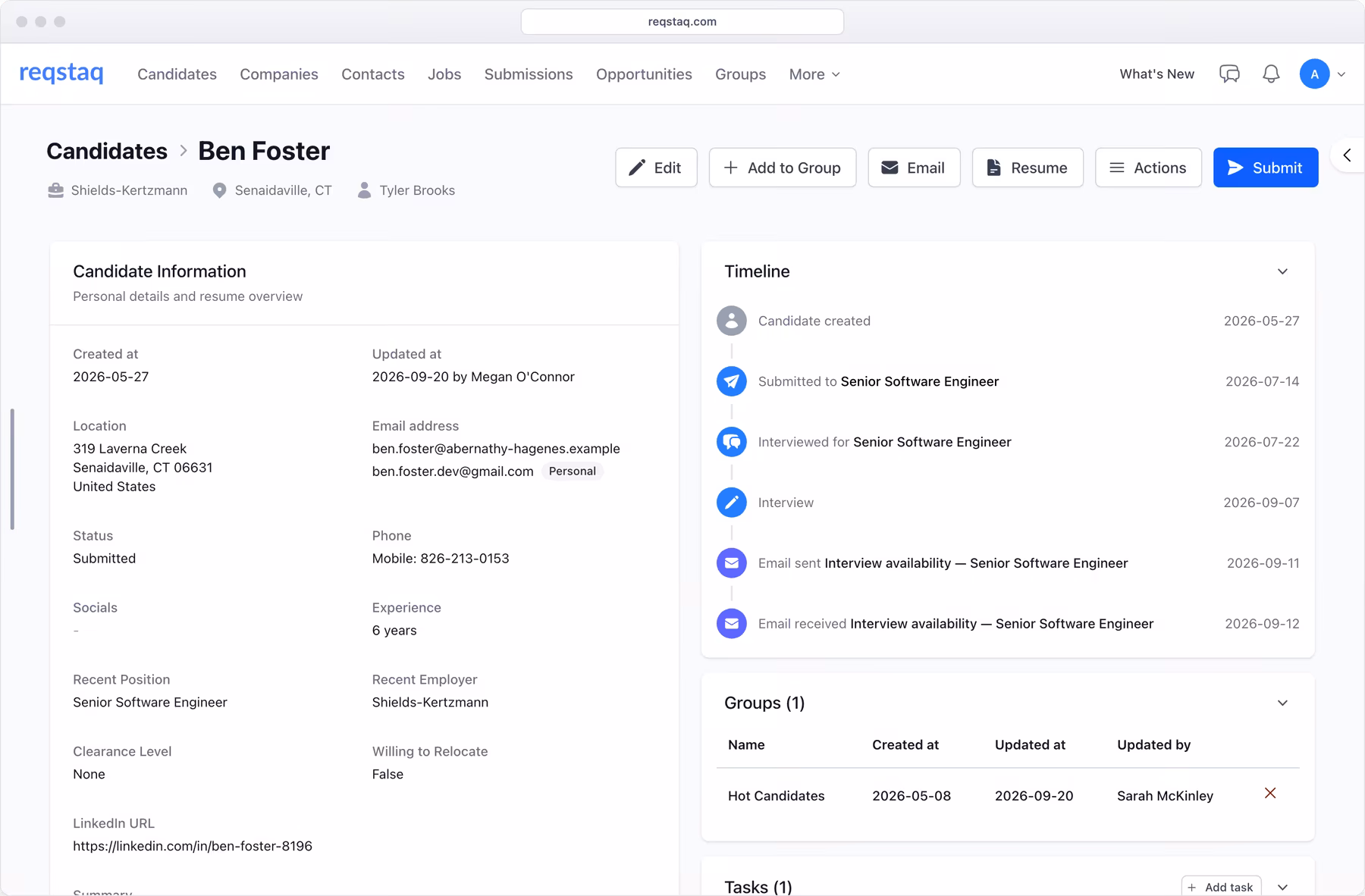 A candidate profile in Reqstaq with the timeline, notes and tracked emails