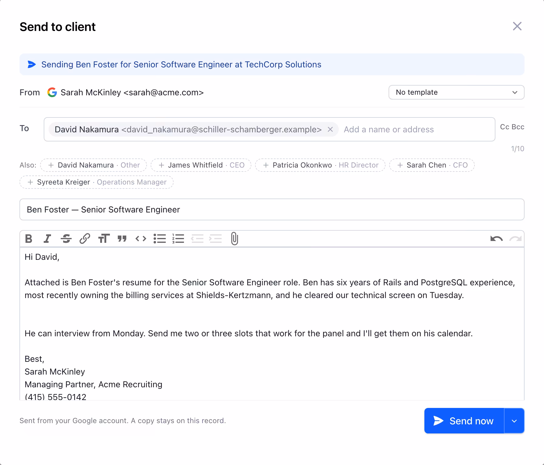 The compose sheet sending a candidate to a client from a submission, with a template and schedule options