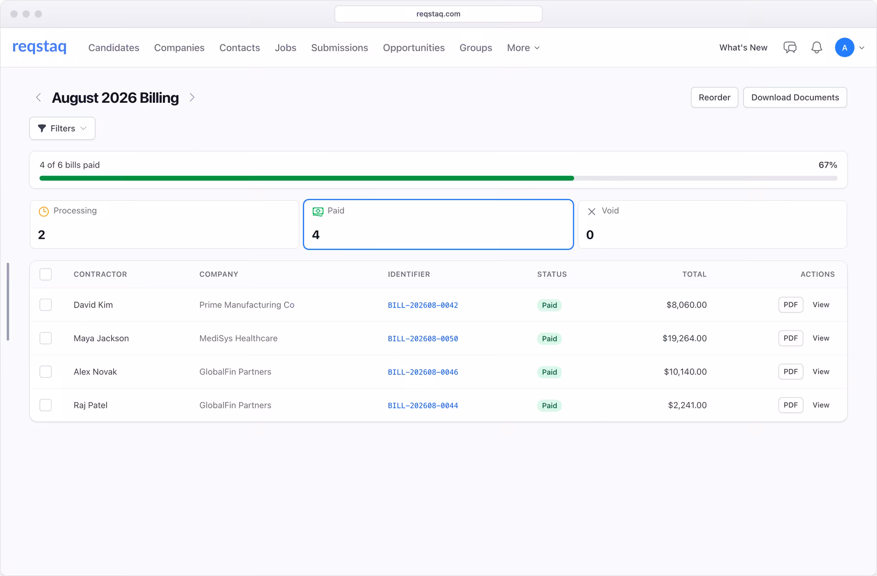 The monthly contractor bills dashboard in Reqstaq showing paid and processing bills