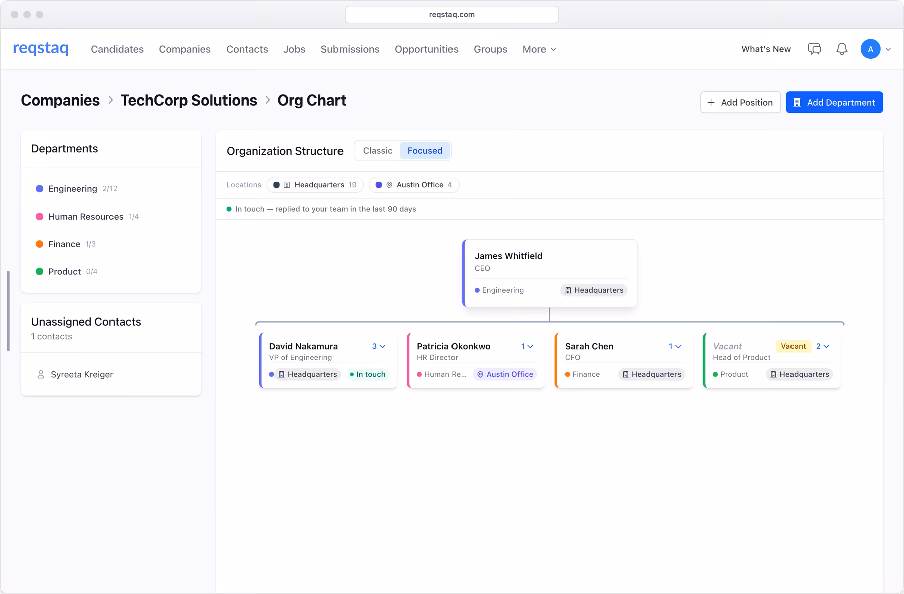 A client org chart in Reqstaq showing filled and vacant positions