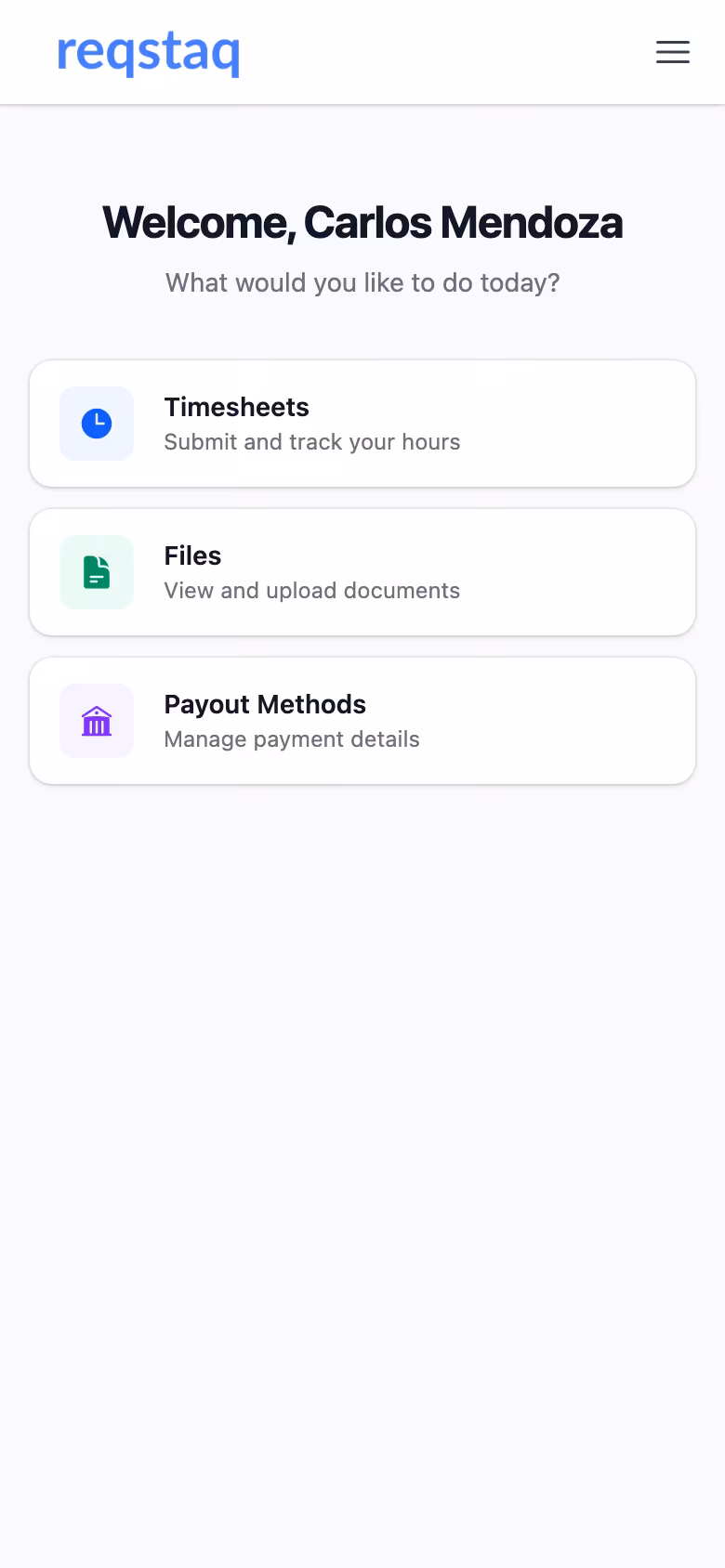 The Contractor Portal home screen on a phone with timesheets, files and payout methods