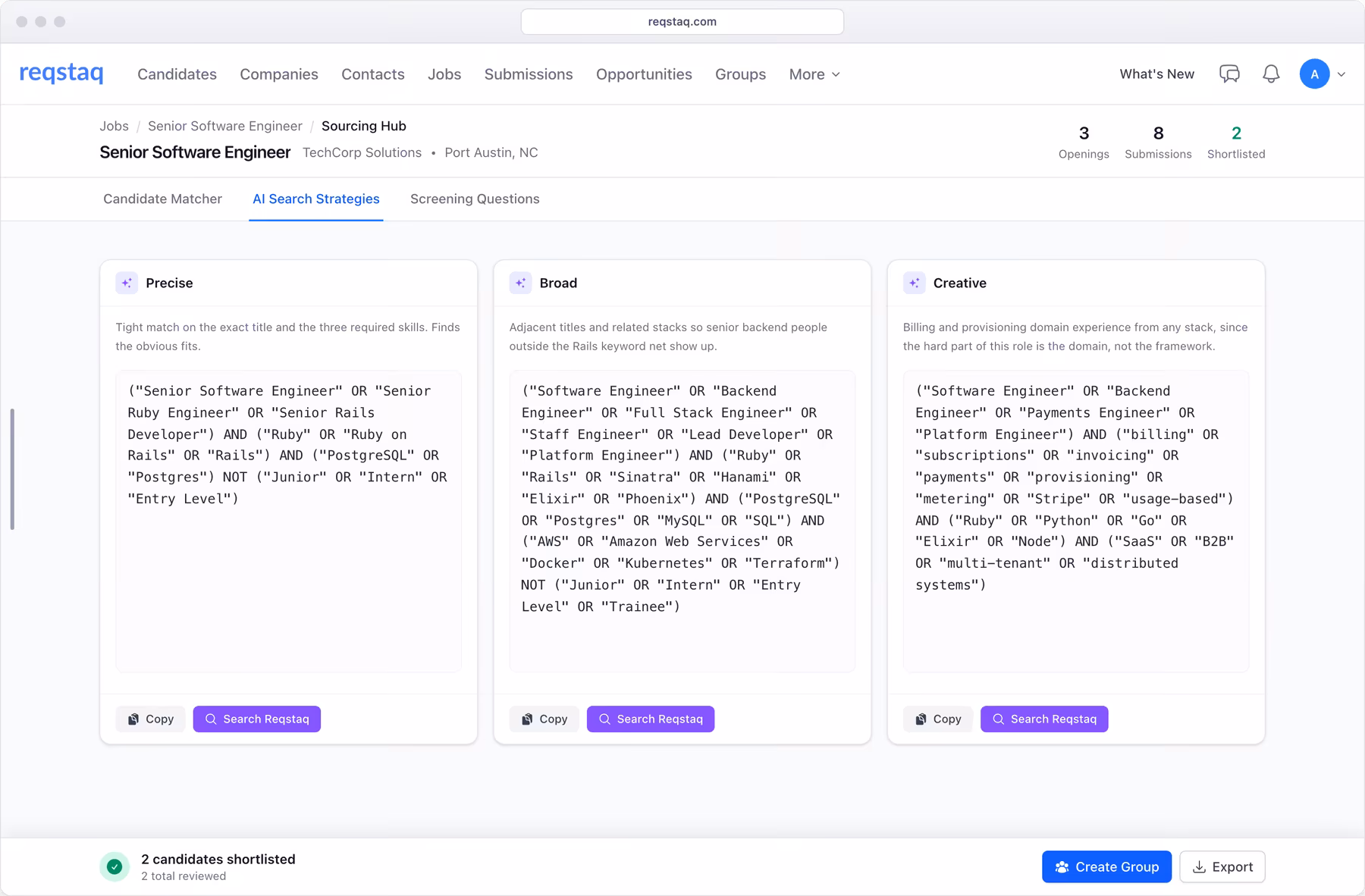 AI search strategies in the Sourcing Hub showing precise, broad and creative boolean searches