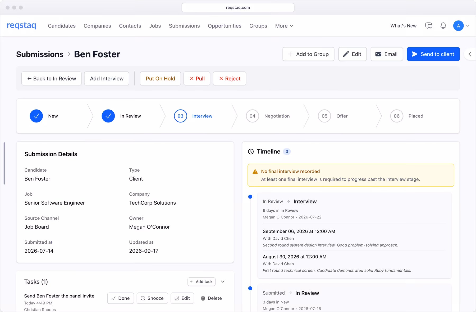 A submission profile in Reqstaq showing the pipeline status and interview details